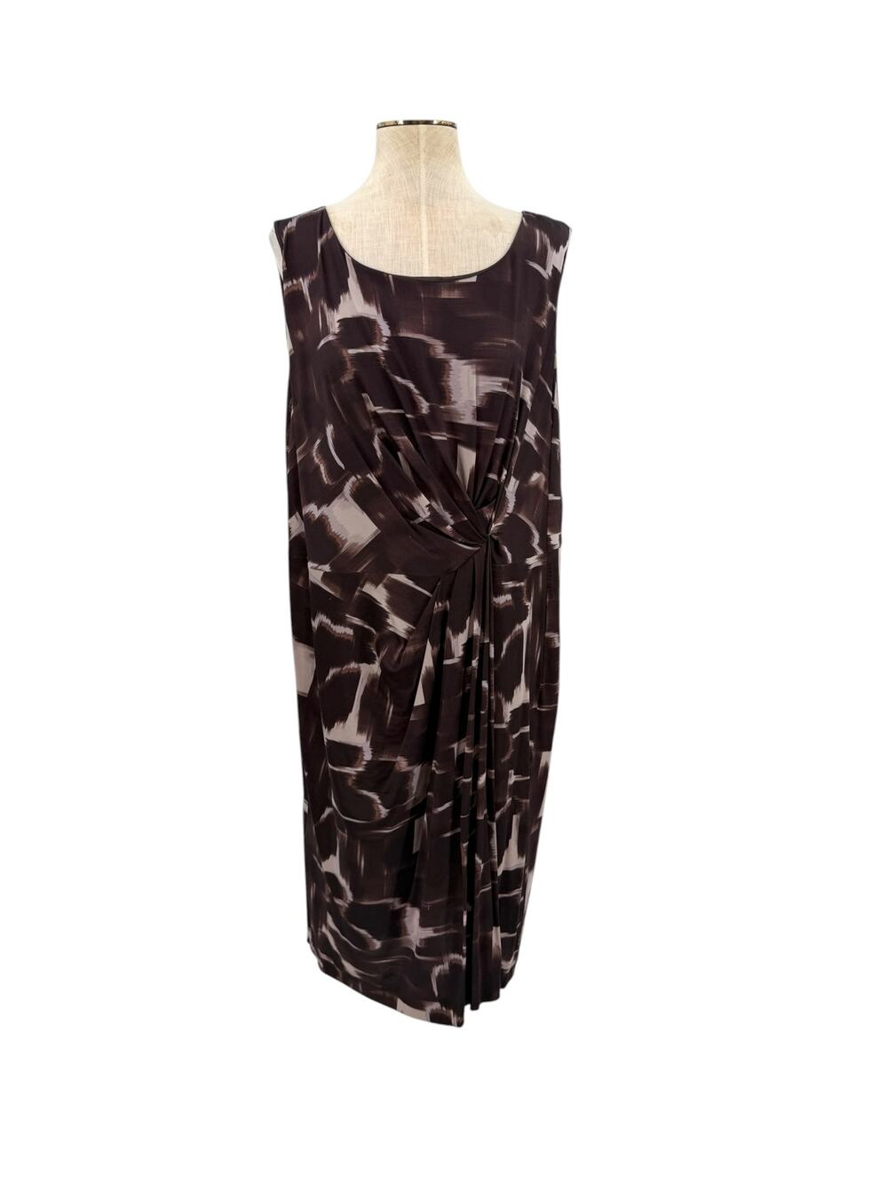 Marina Rinaldi Abstract Print Draped Knot Front Midi Dress Brown Size L 16 18